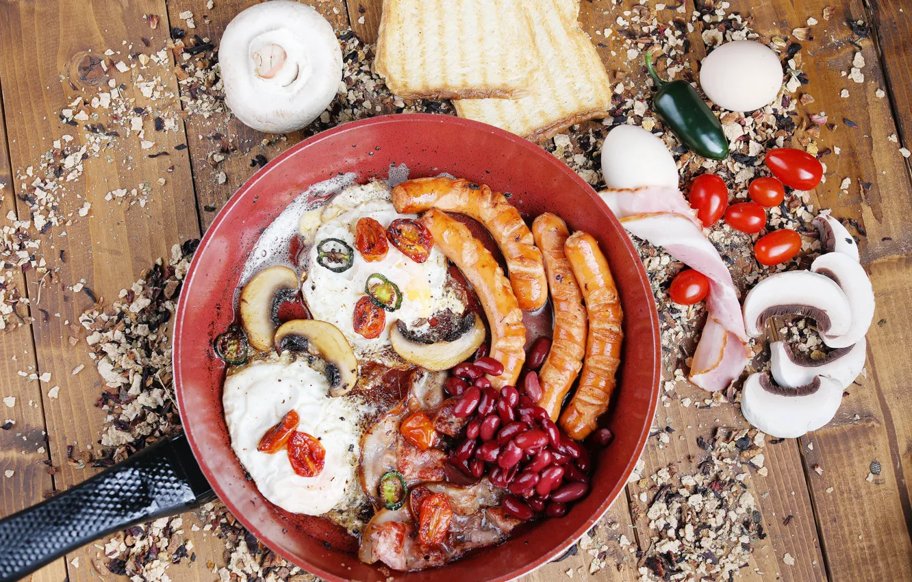 Photo wallpaper sausage, pepper, scrambled eggs, spices, pan, ham, beans, tomatoes
