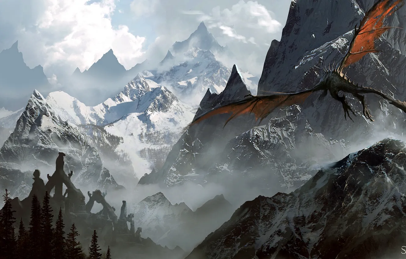 Photo wallpaper mountains, dragon, The Elder Scrolls V: Skyrim