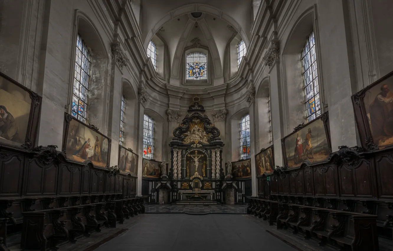 Photo wallpaper Church, religion, the altar, bench, the nave