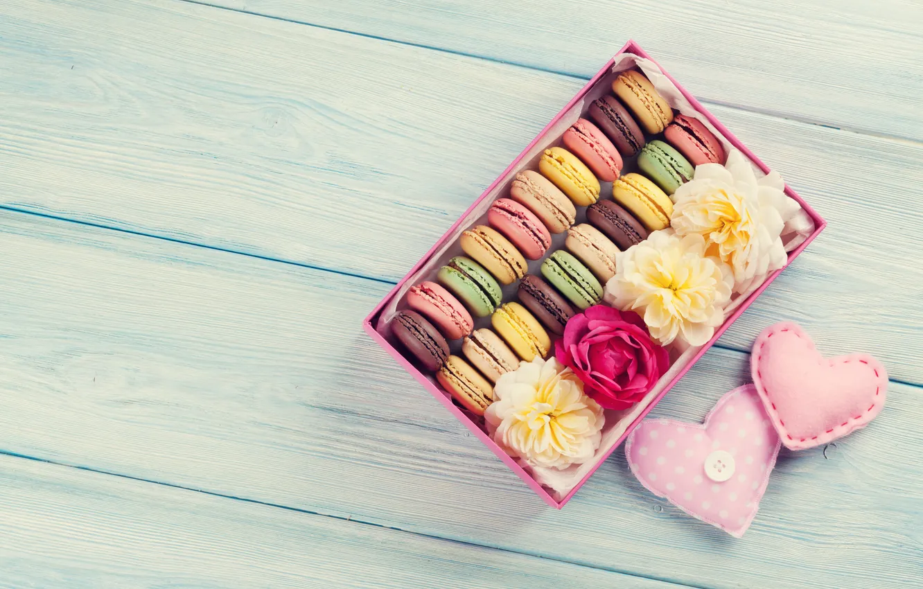 Photo wallpaper flowers, gift, colorful, wood, pink, flowers, hearts, with love