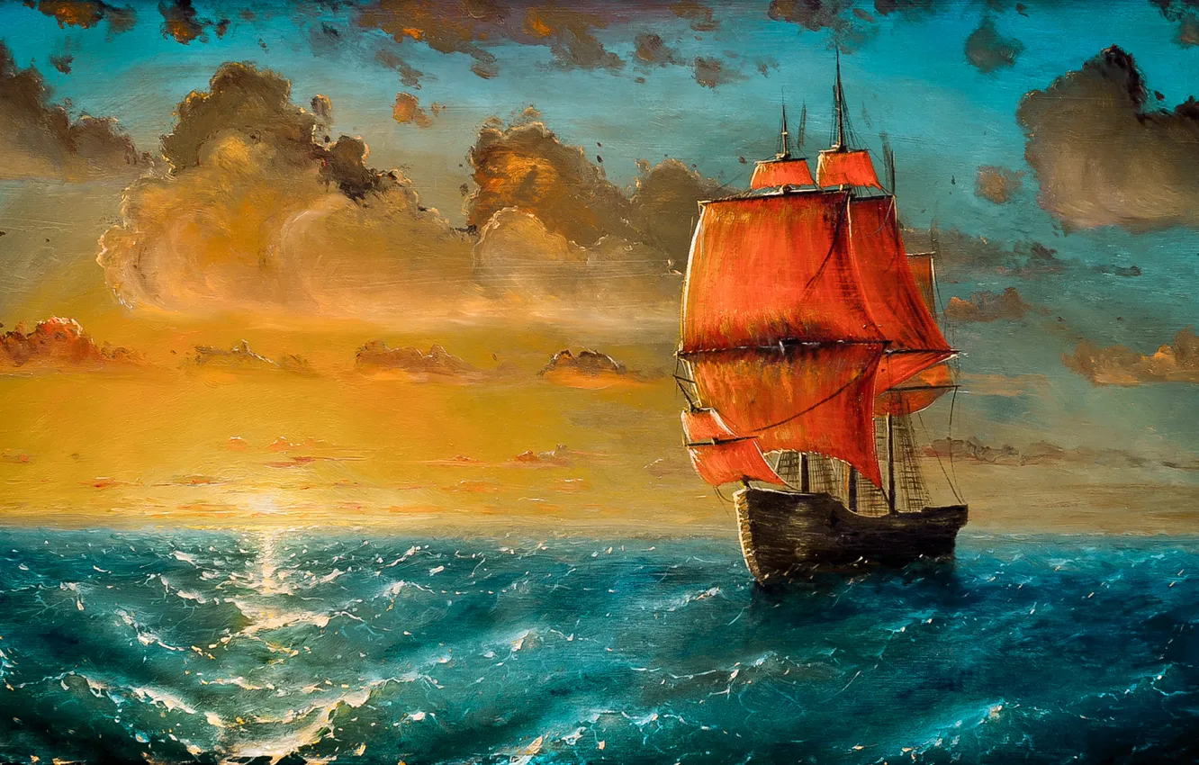 Photo wallpaper sea, wave, clouds, sunset, ship, sailboat, art