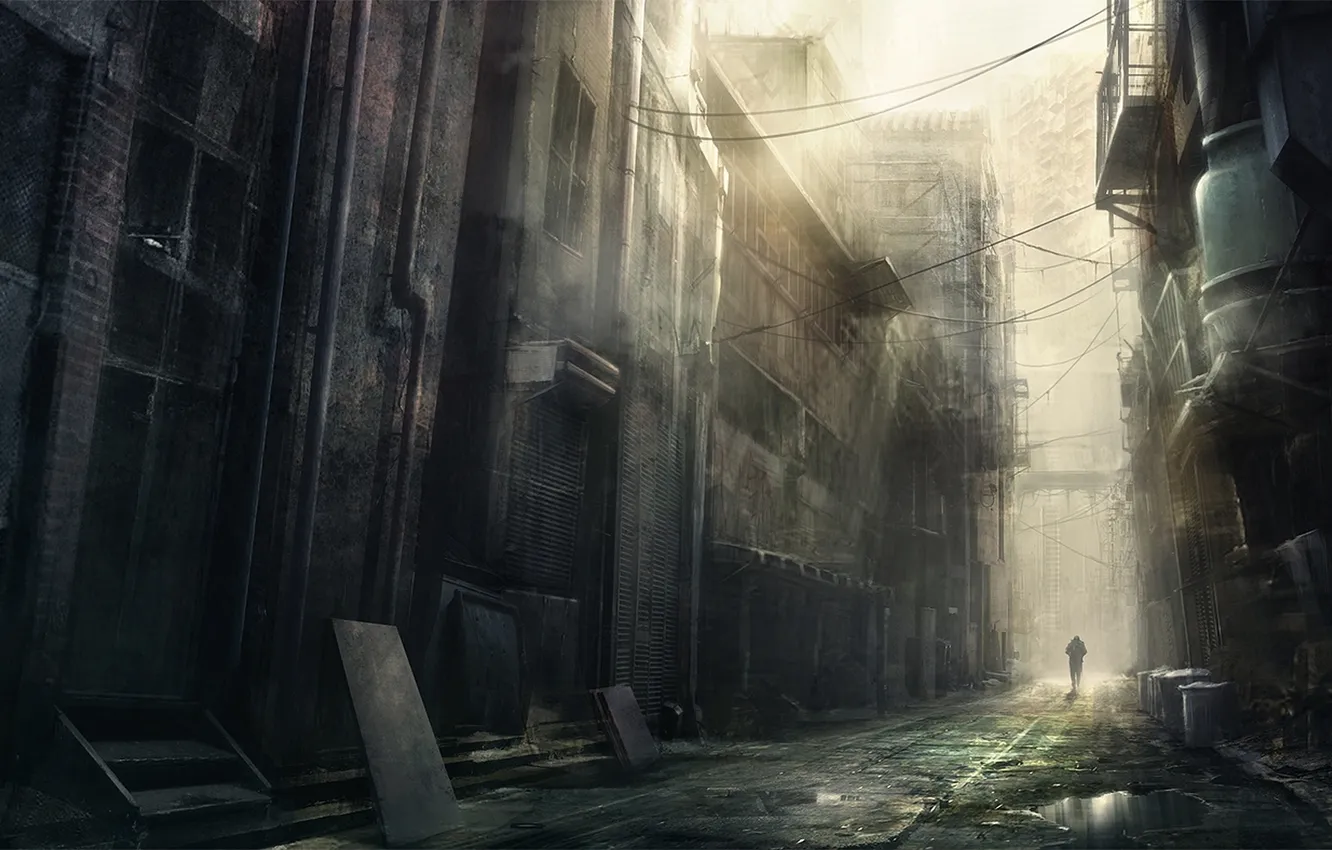 Photo wallpaper street, wire, people, puddle, art, korbox