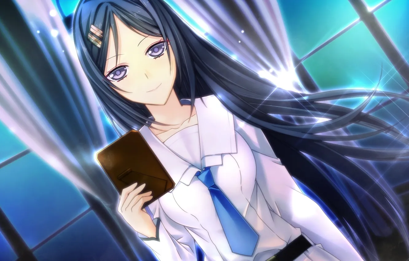 Photo wallpaper look, girl, smile, Shine, window, tie, curtains, form