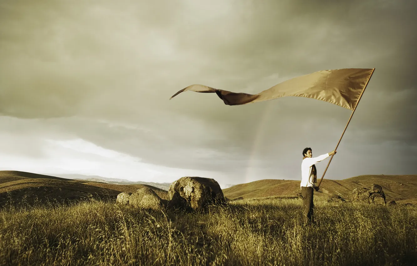 Photo wallpaper field, the sky, grass, stones, rainbow, male, banner