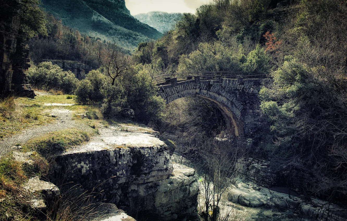 Photo wallpaper trees, mountains, bridge, river, rocks, stream