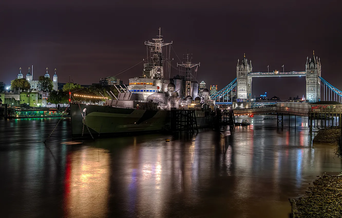 Photo wallpaper night, bridge, river, ship, Northern Ireland, Belfast