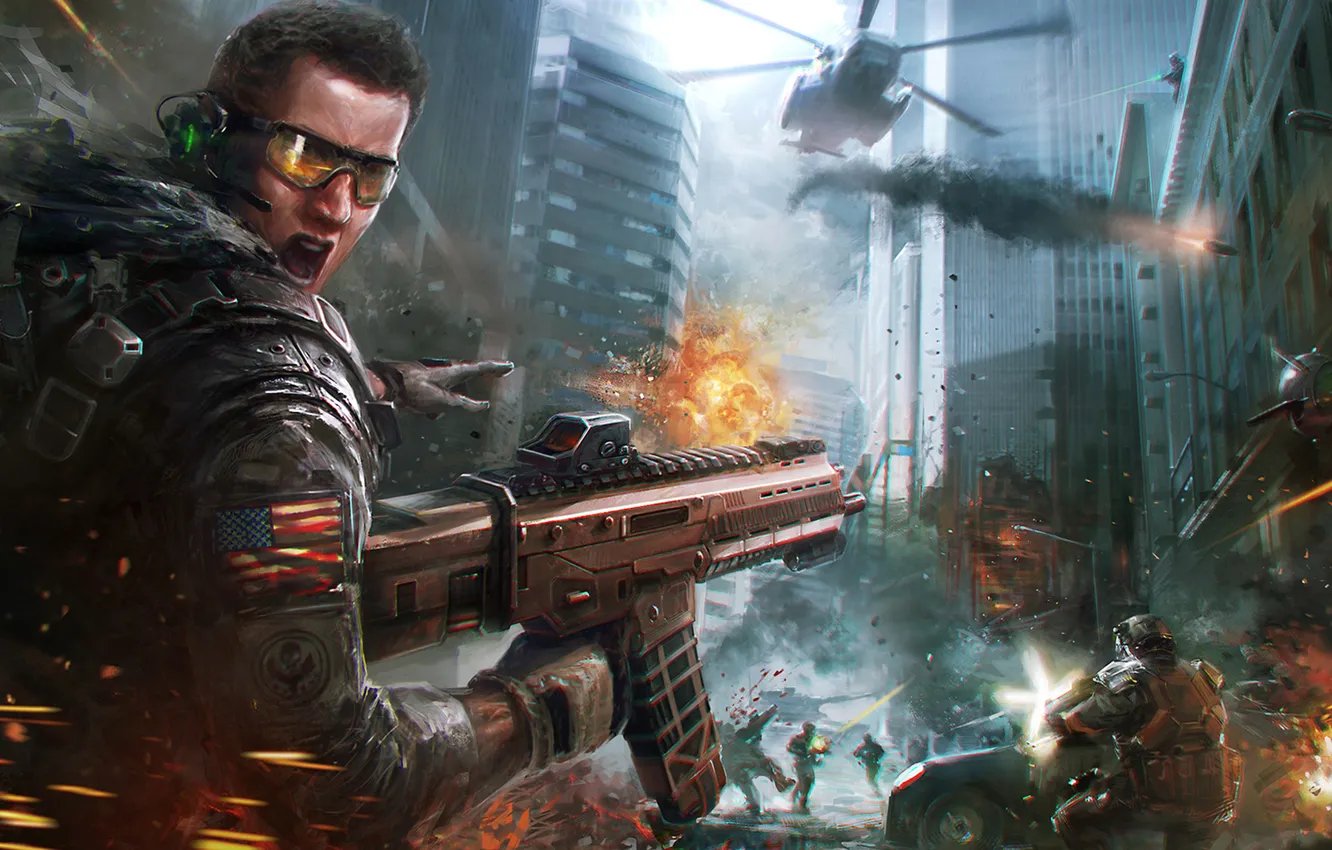 Photo wallpaper the explosion, war, street, soldiers, USA