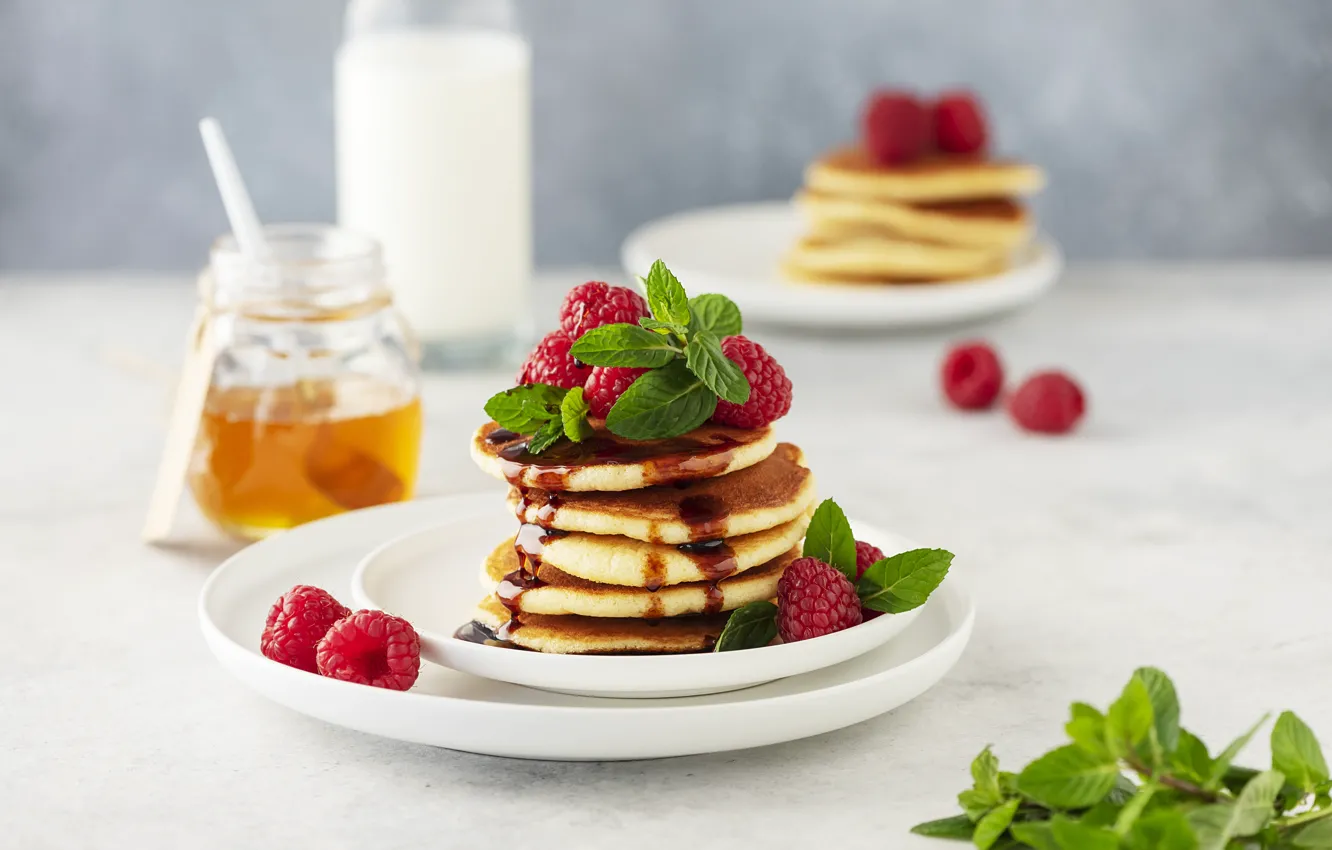 Photo wallpaper raspberry, honey, mint, pancakes, Oxana Denezhkina