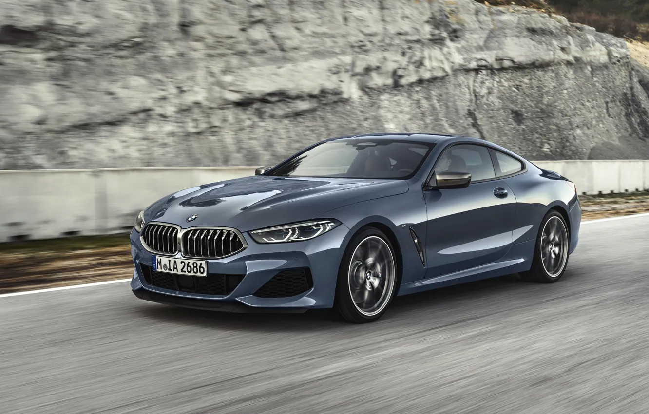 Photo wallpaper movement, coupe, speed, BMW, Coupe, 2018, gray-blue, 8-Series