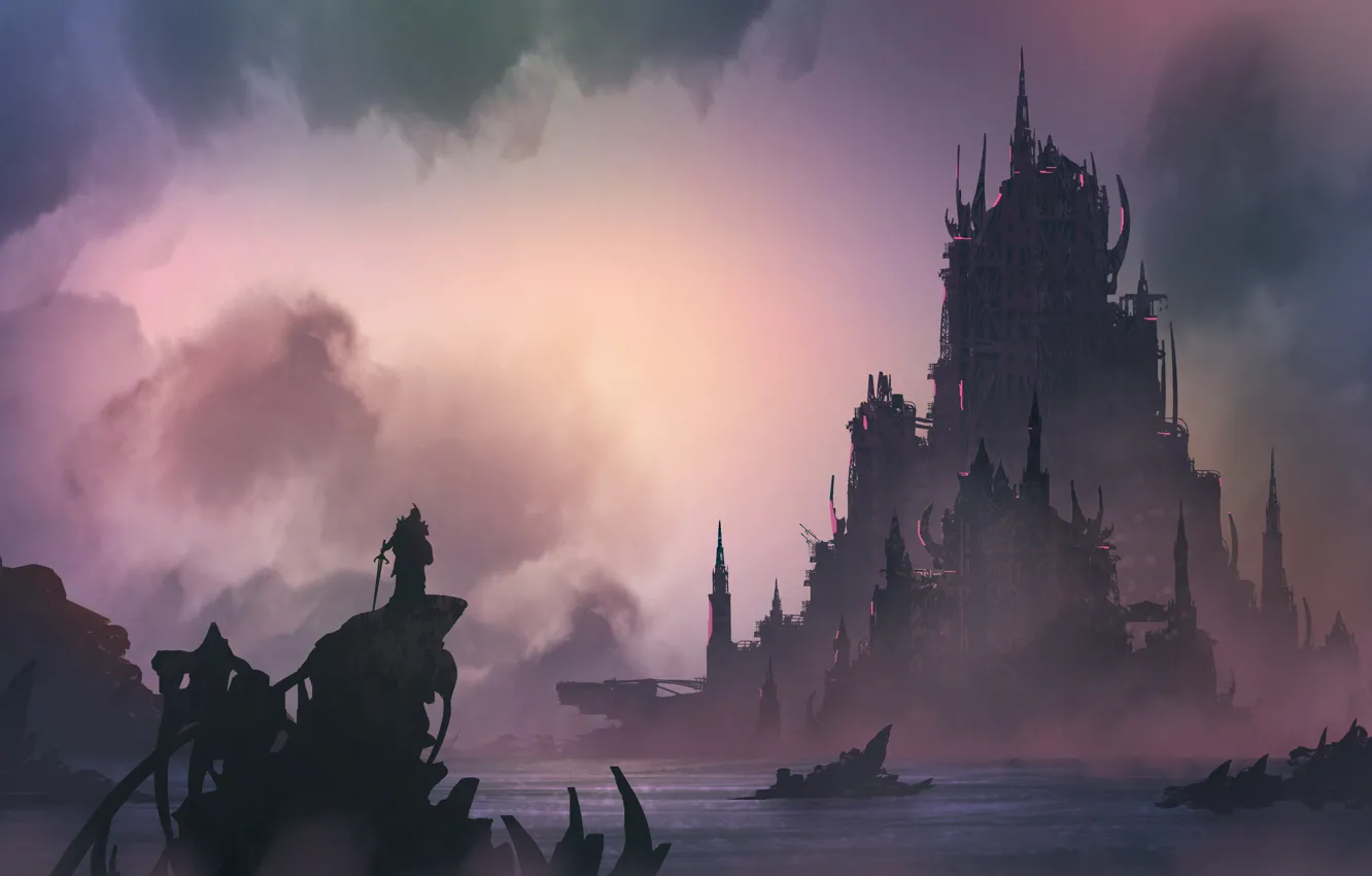 Photo wallpaper landscape, castle, fiction, figure, warrior, silhouette, art, fortress