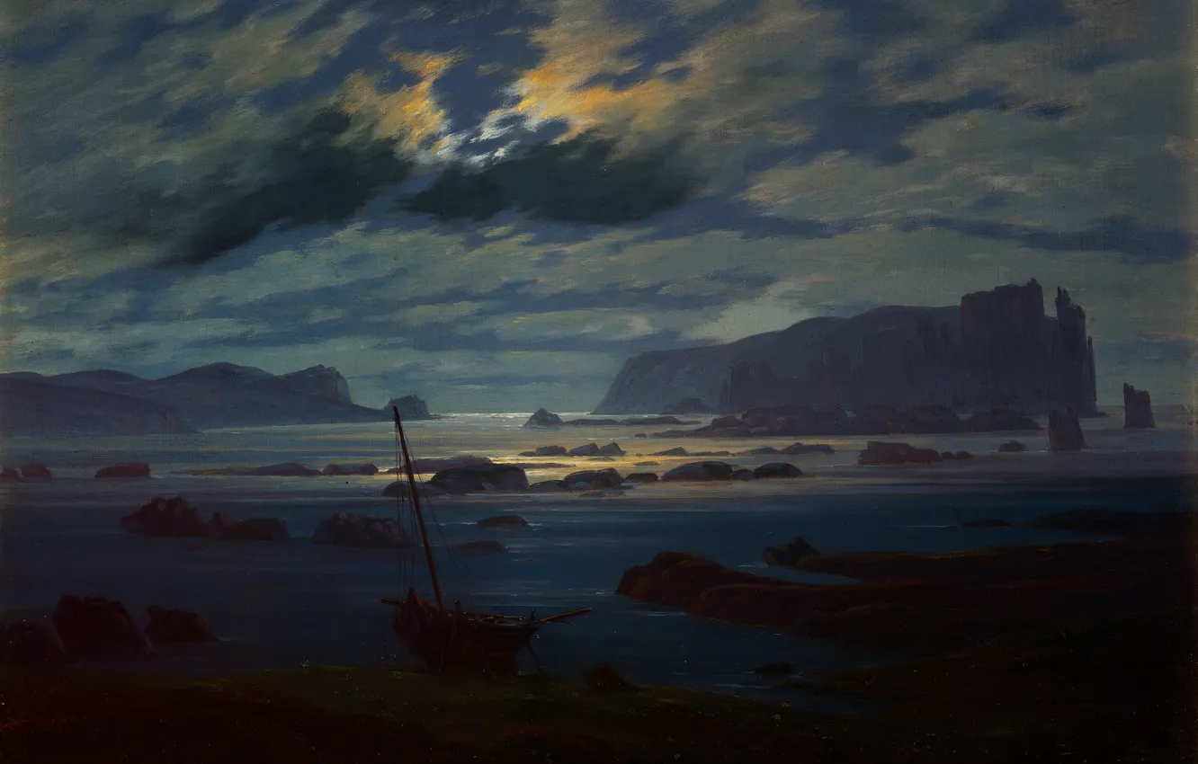 Photo wallpaper Clouds, Night, Ship, Picture, Coast, Caspar David Friedrich, Caspar David Friedrich, Northern sea in the …