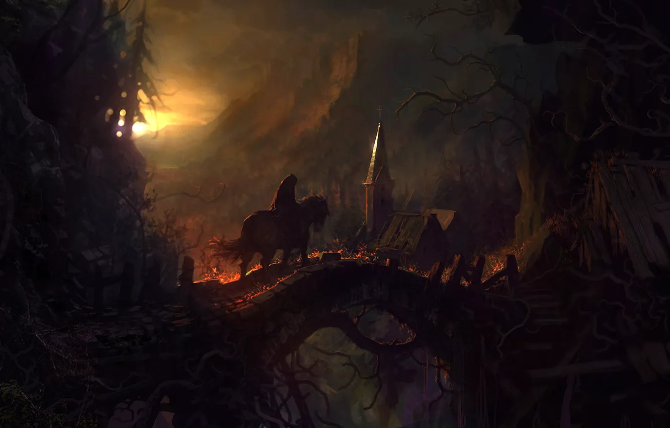 Photo wallpaper forest, the sun, bridge, horse, hut, rider, Castlevania: Lords Of Shadow