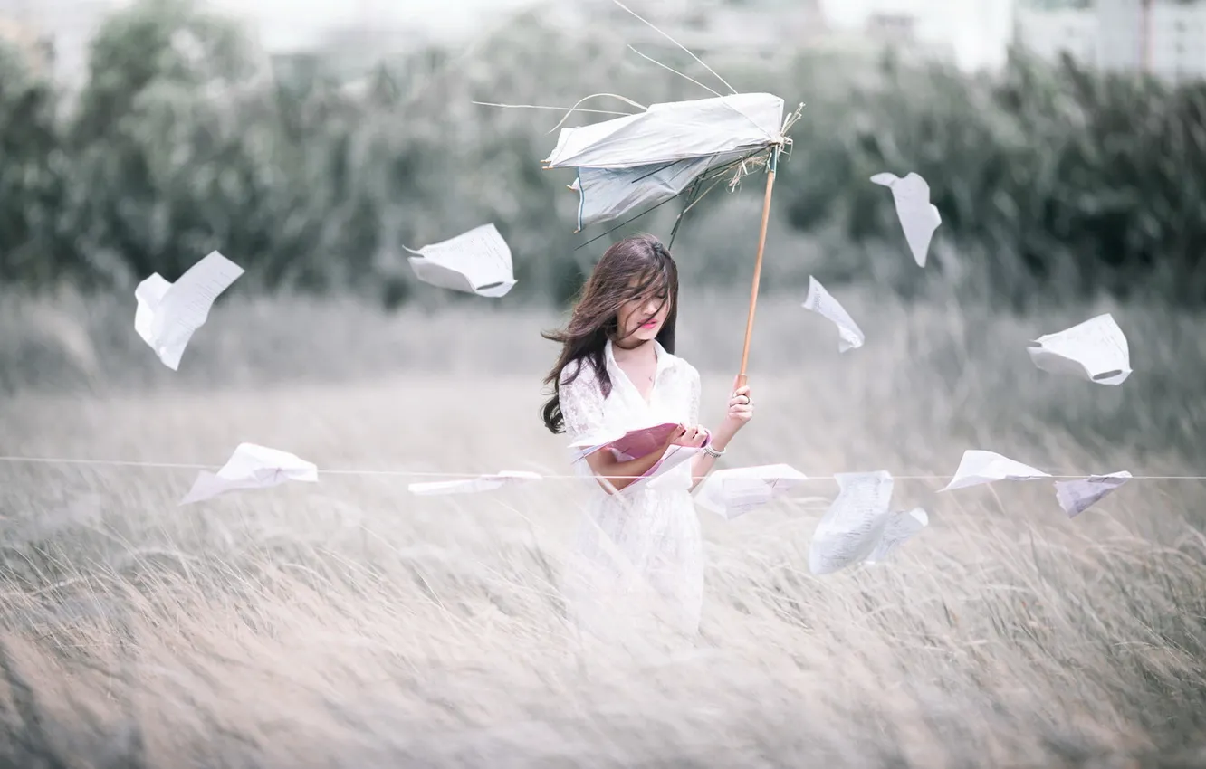 Photo wallpaper field, girl, the wind