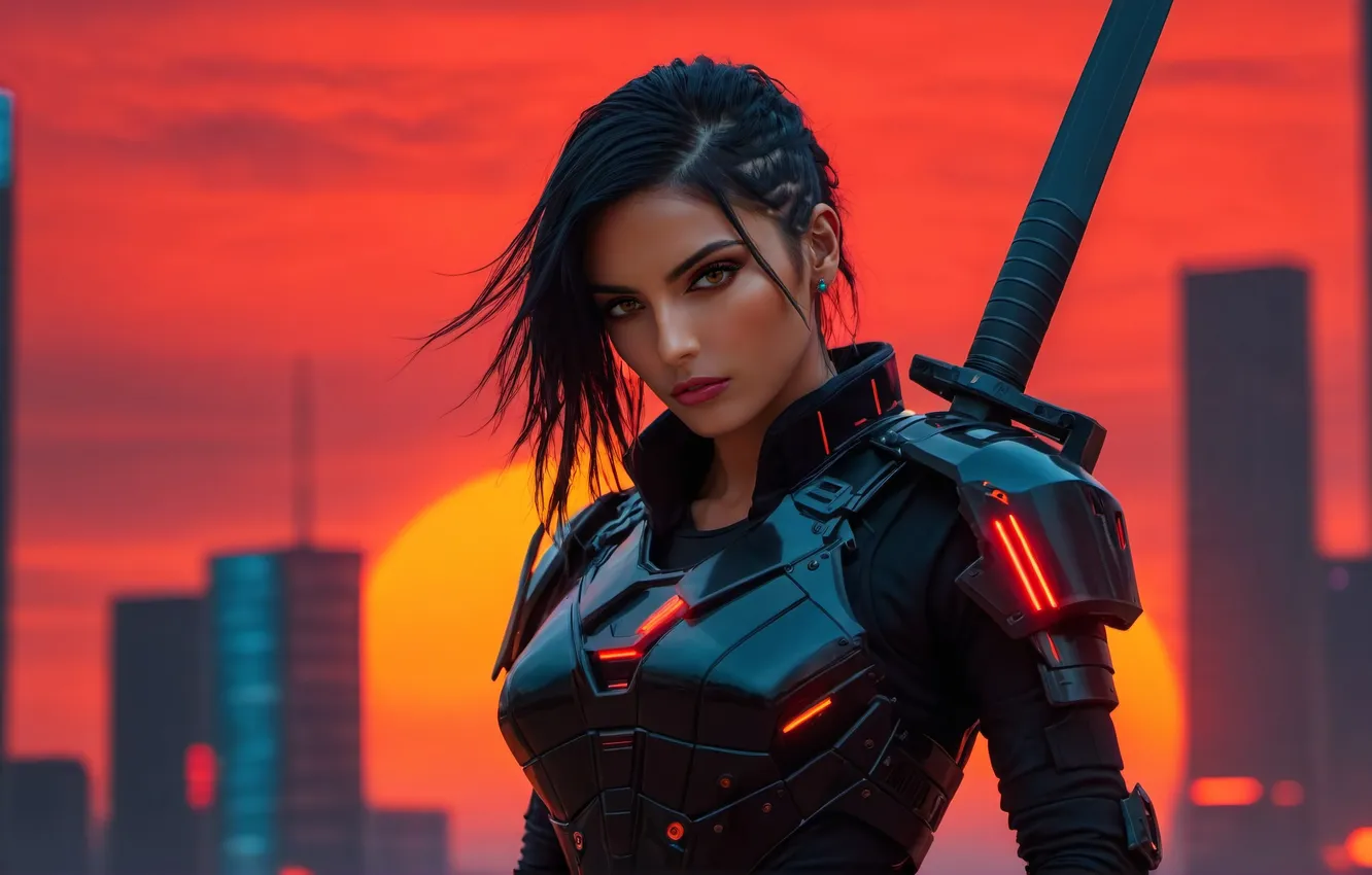 Photo wallpaper girl, sunset, armor