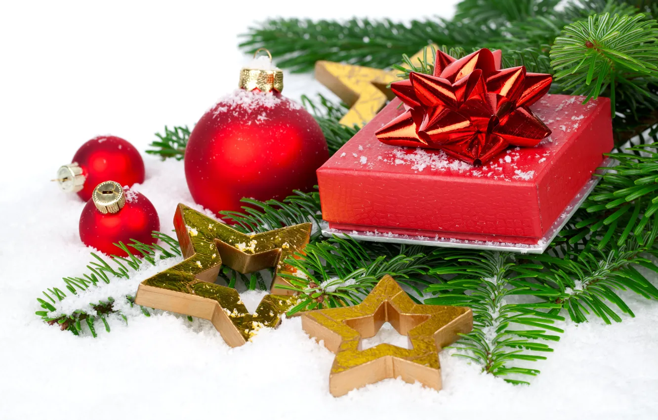 Photo wallpaper branches, box, gift, balls, tree, bow, Christmas decorations