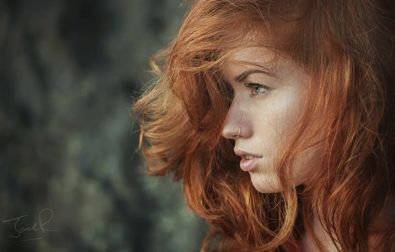 Photo wallpaper girl, face, model, hair, profile, red, girl, photographer