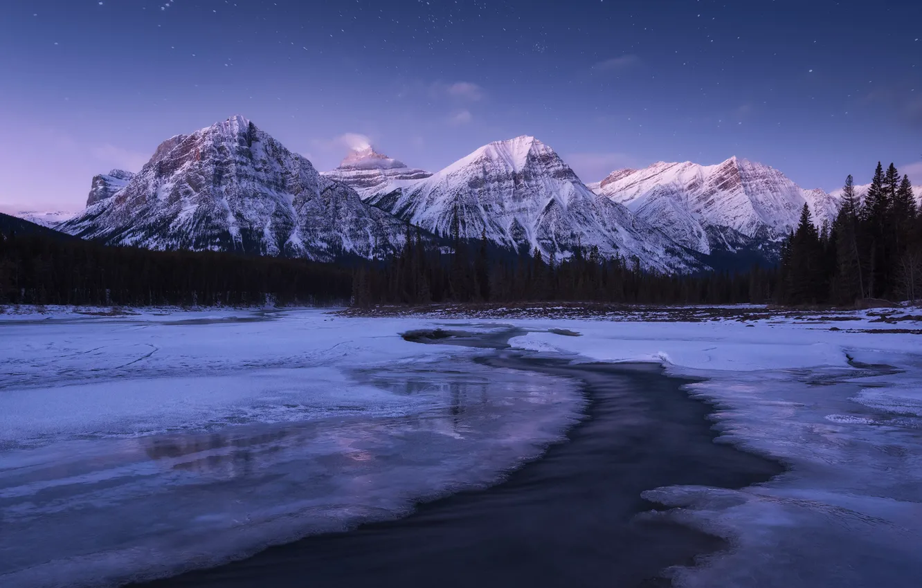 Photo wallpaper ice, winter, forest, water, snow, landscape, mountains, night