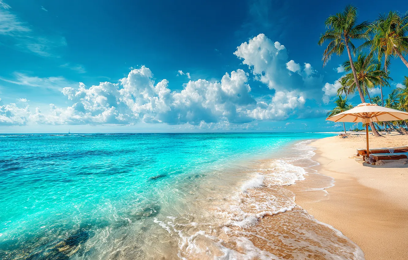 Photo wallpaper sand, sea, wave, beach, the sky, clouds, tropics, blue