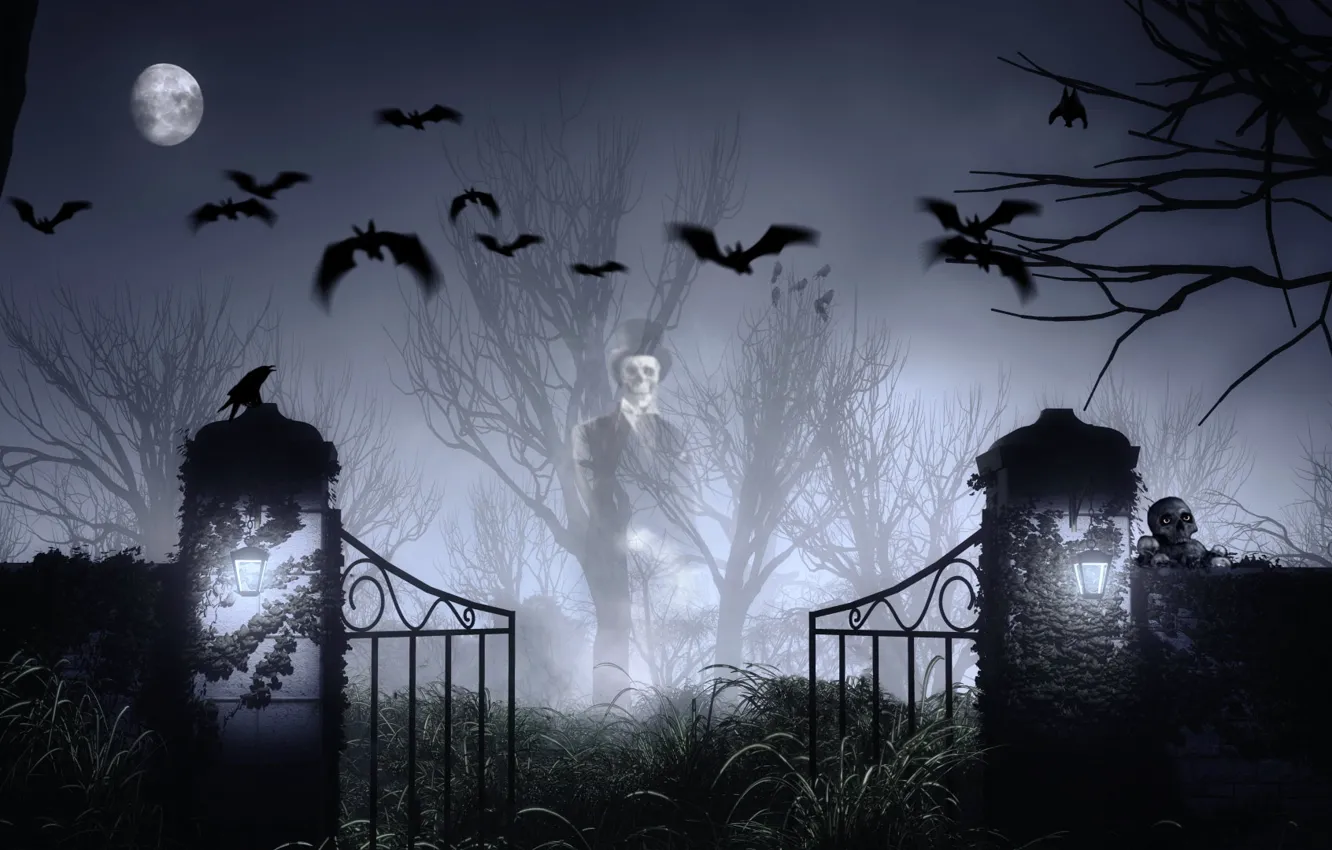 Photo wallpaper the moon, skull, mystic, cemetery, bat, Halloween, Ghost