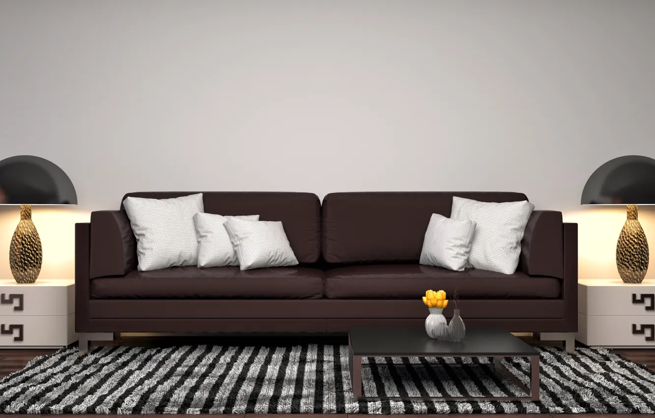Photo wallpaper design, lamp, sofa, pillow, modern