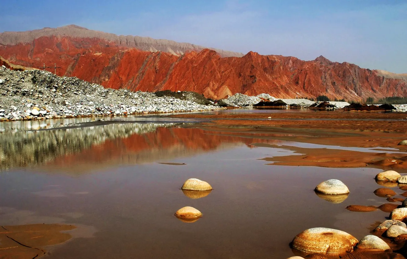 Photo wallpaper the sky, mountains, lake, stones, Pamir