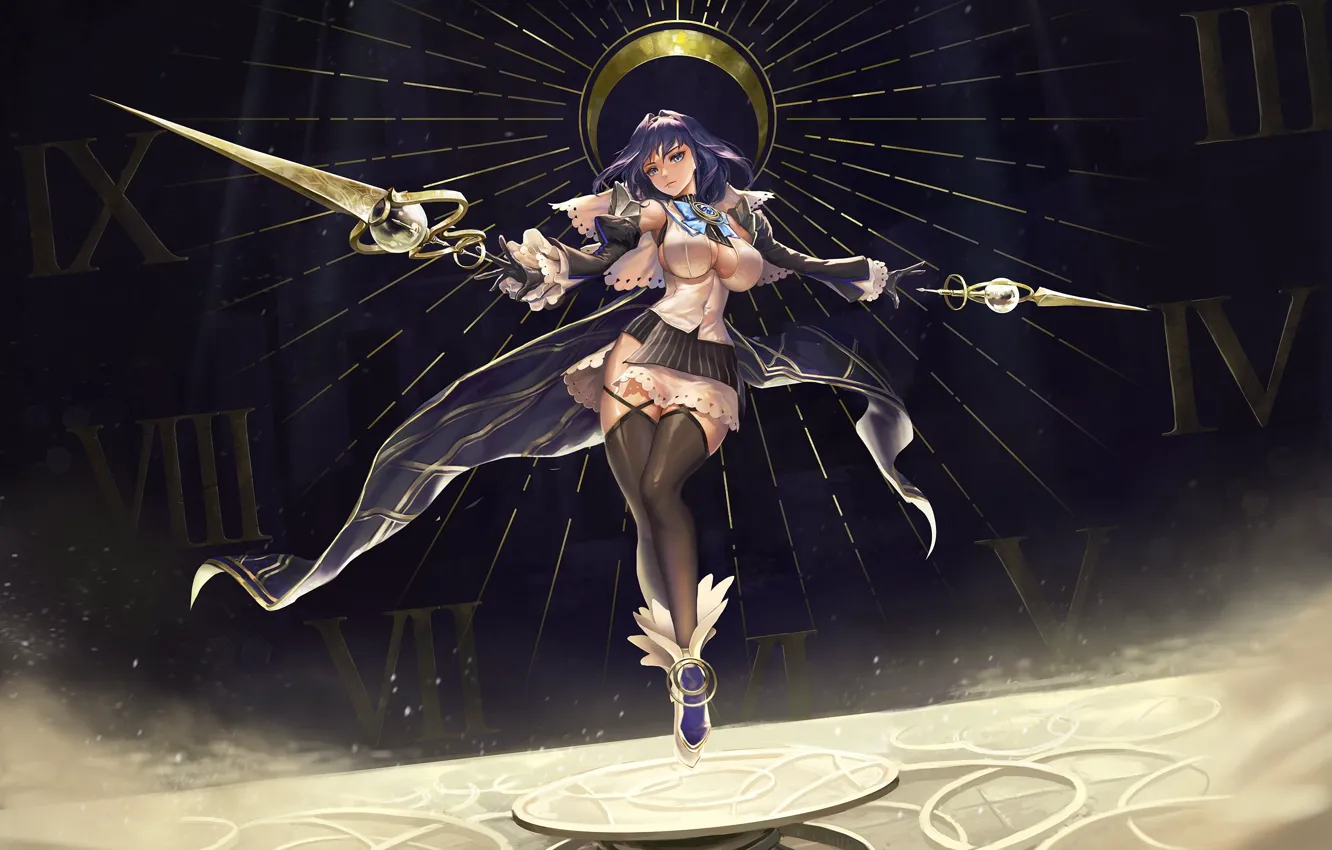 Photo wallpaper cleavage, anime, blue eyes, women, anime girls, thighs, belly button, blue hair