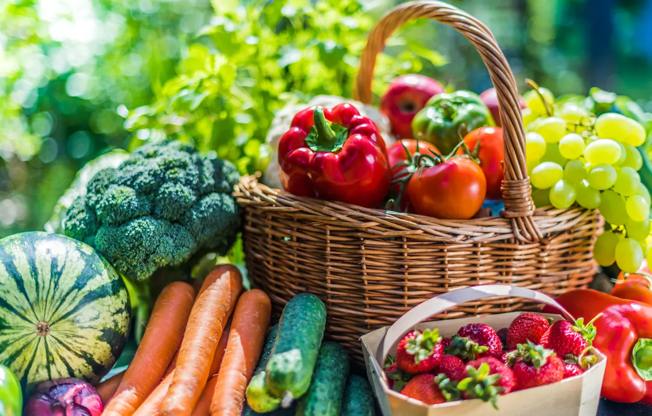 Photo wallpaper berries, basket, watermelon, harvest, strawberry, grapes, pepper, fruit