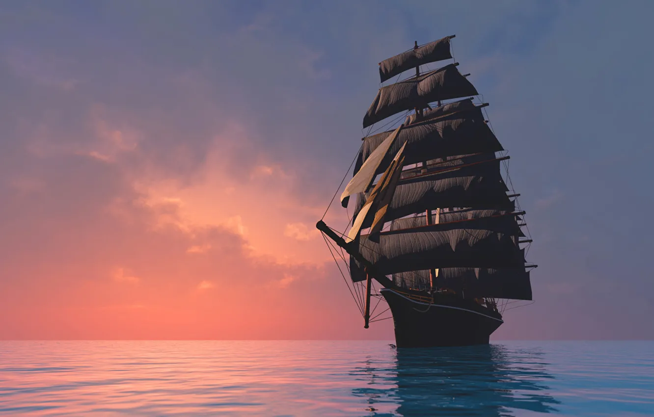 Photo wallpaper sunset, the ocean, ship, sailboat, the evening, pirate, Black sails, rendering 3d