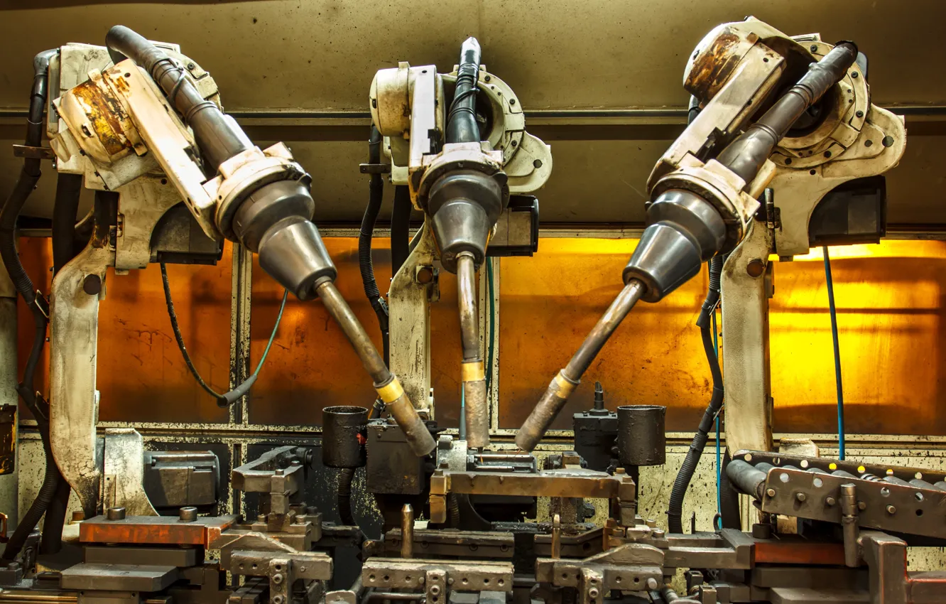 Photo wallpaper technology, cables, Robotic welder