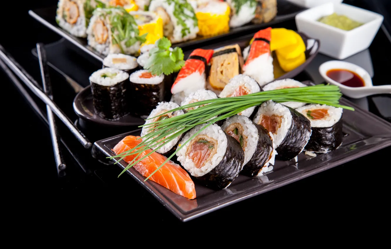 Photo wallpaper fish, figure, sushi, rolls, salmon