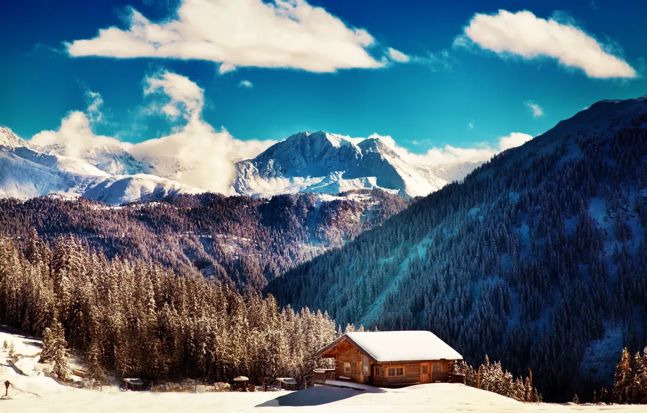 Photo wallpaper winter, mountains, clouds, blue sky