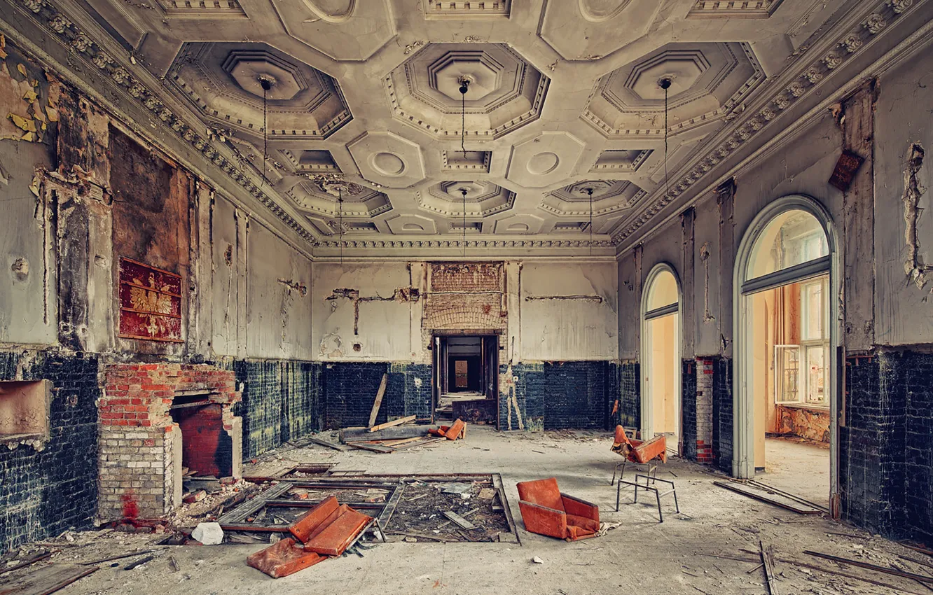 Photo wallpaper room, palace, fireplace, abandoned, hall, salon, mess, white eagle