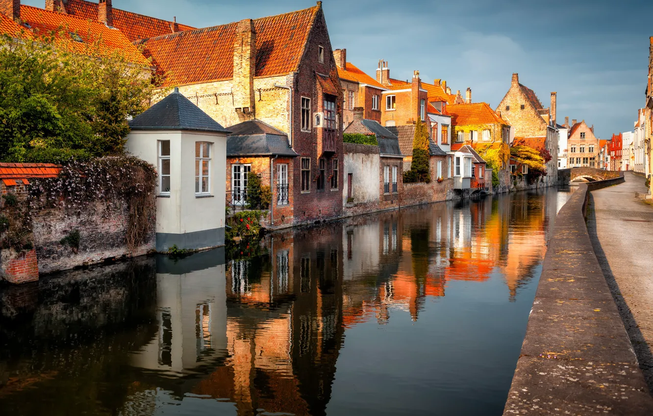 Photo wallpaper the city, reflection, home, channel, Belgium, Bruges, Alexander the Silent