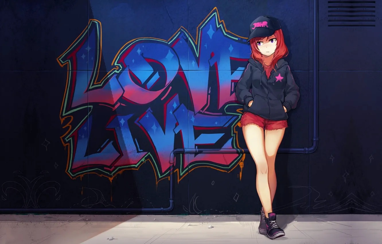 Photo wallpaper girl, pose, graffiti, anime, cap, Slender figure, Maki Nishikino, Love Live !