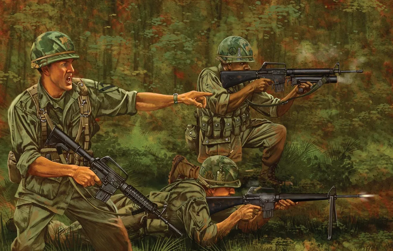 Photo wallpaper figure, jungle, art, soldiers, shooting, Vietnam, rifle, equipment