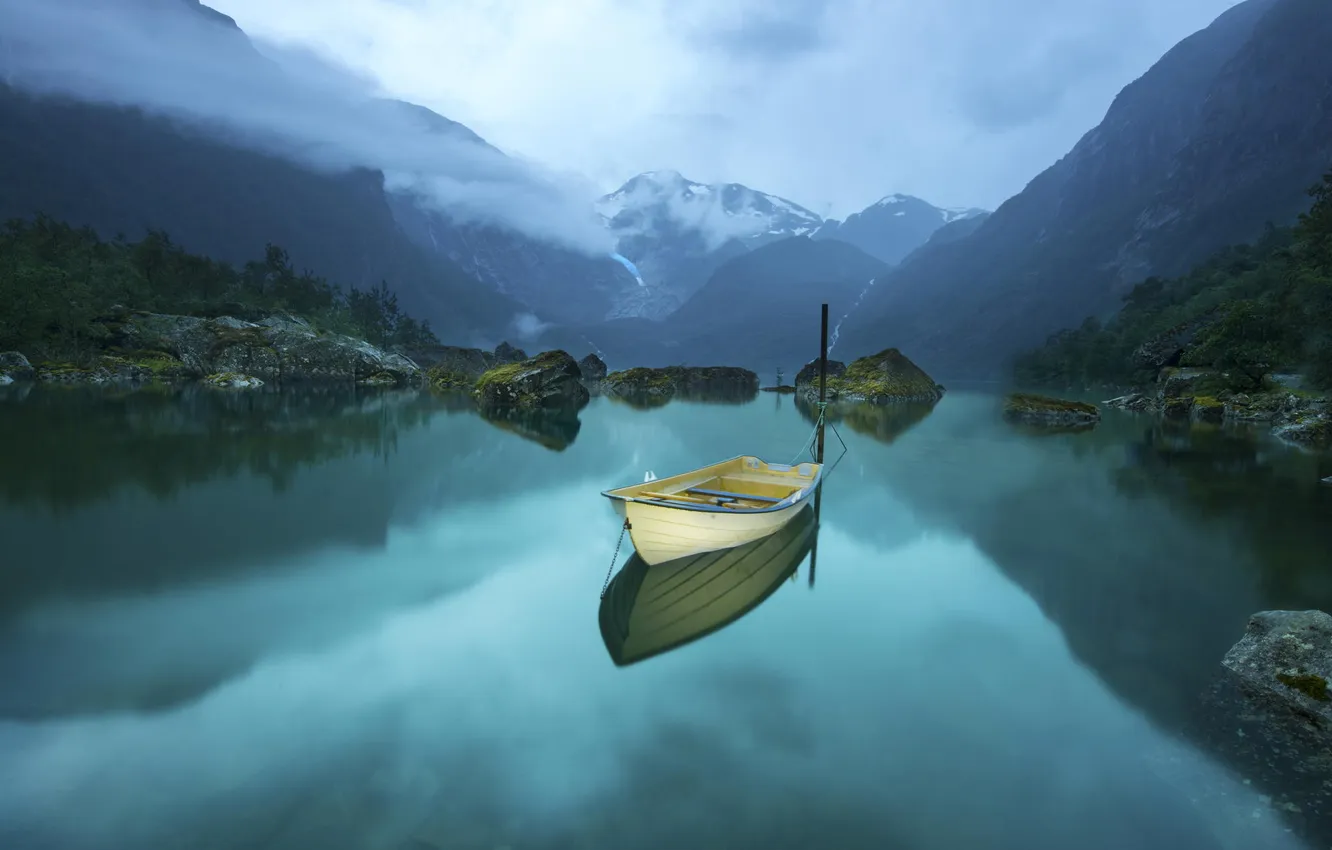 Photo wallpaper mountains, nature, lake, reflection, boat