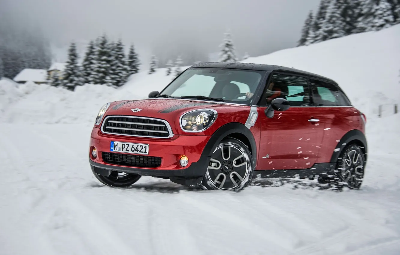 Photo wallpaper winter, machine, auto, snow, red, Mini, Mini Cooper, side view