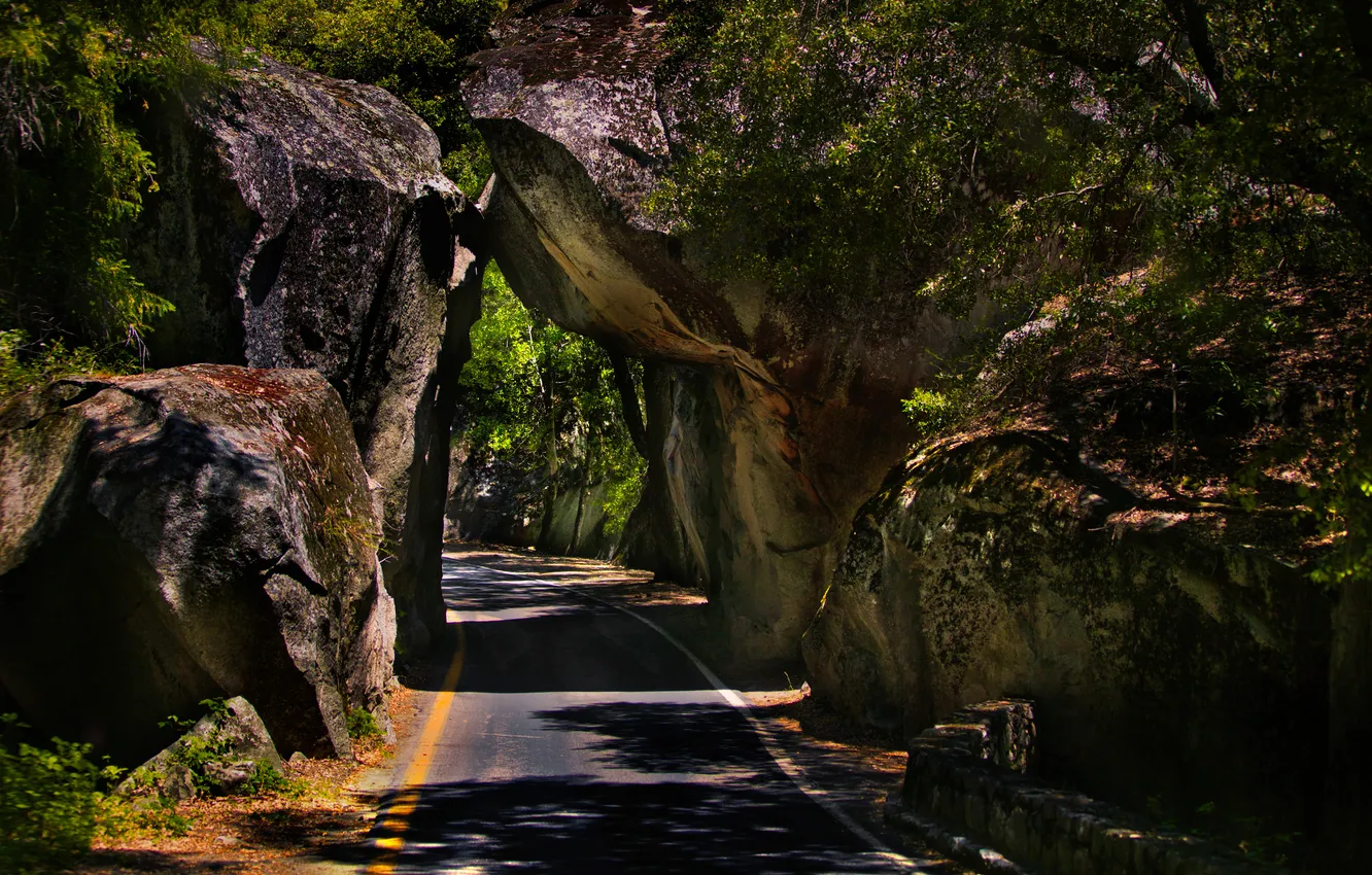 Photo wallpaper road, rocks, shadow, the tunnel
