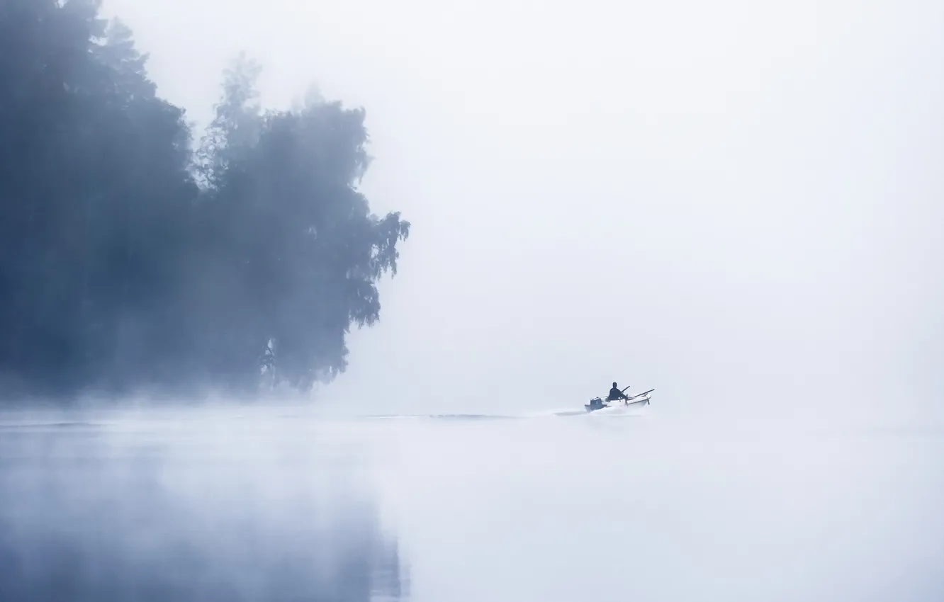 Photo wallpaper fog, lake, boat, morning