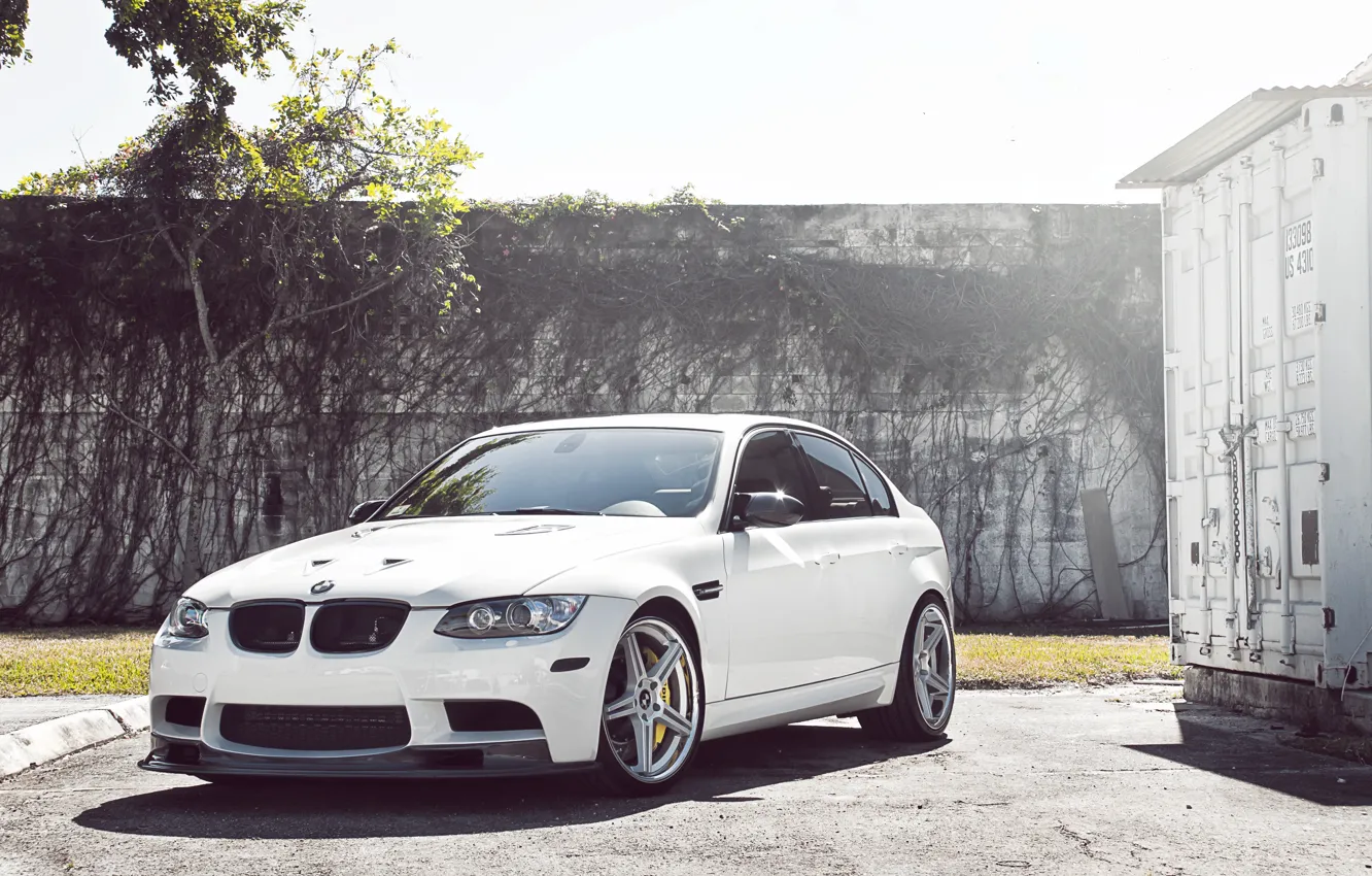 Photo wallpaper white, tree, bmw, BMW, the fence, container, white, wheels