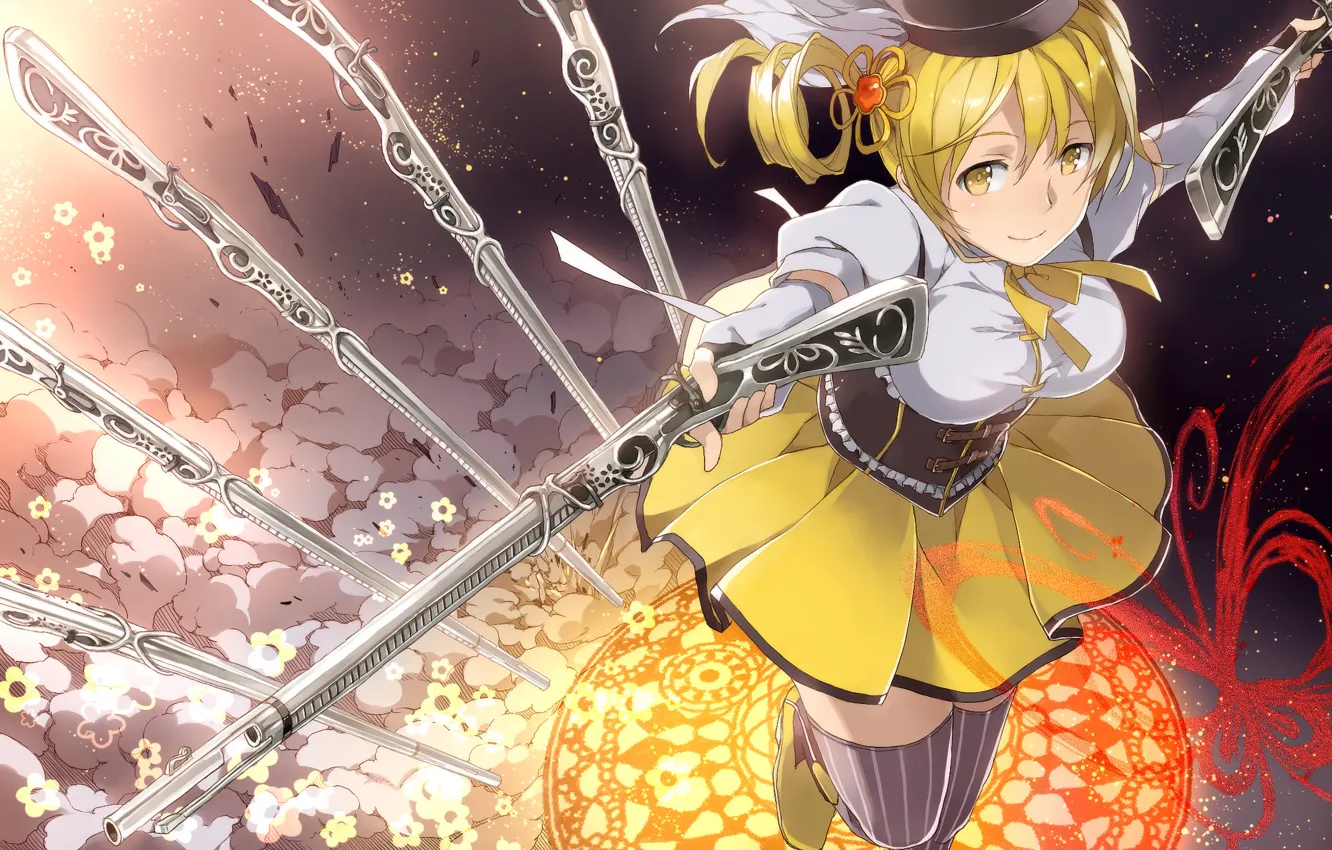 Photo wallpaper look, smile, weapons, mood, Girl, mahou shoujo madoka magica, Tomoe Mami