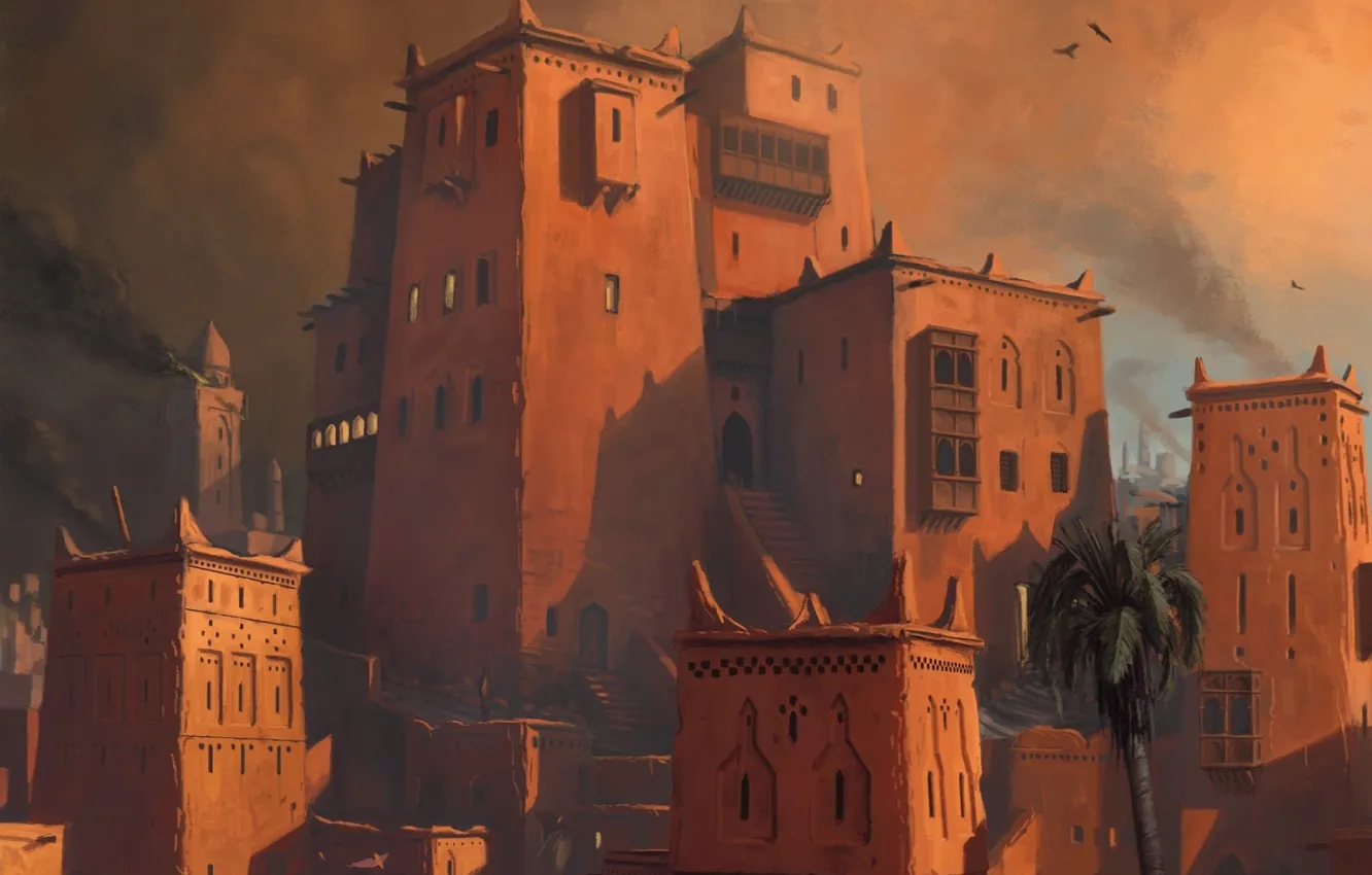 Photo wallpaper the sky, smoke, home, East, Age of Conan