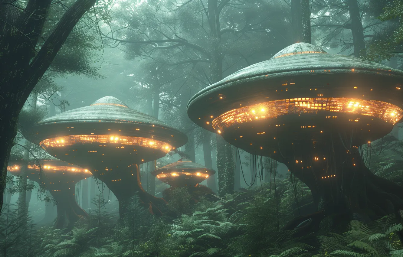 Photo wallpaper nature, fog, future, fiction, UFO, haze, spaceship, the futuristic