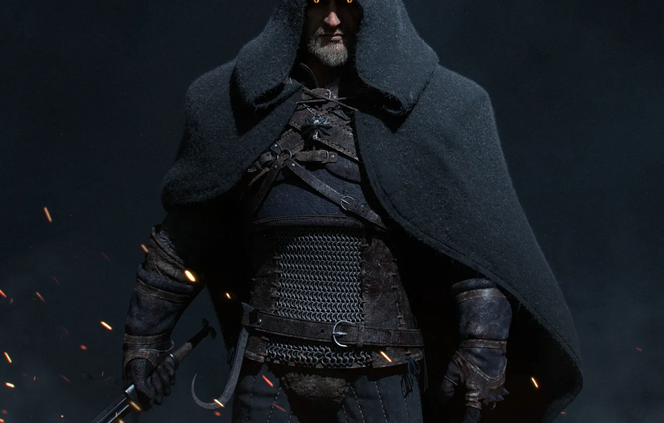 Photo wallpaper sparks, hood, the witcher, cloak, the Witcher, character, Geralt, Geralt of Rivia