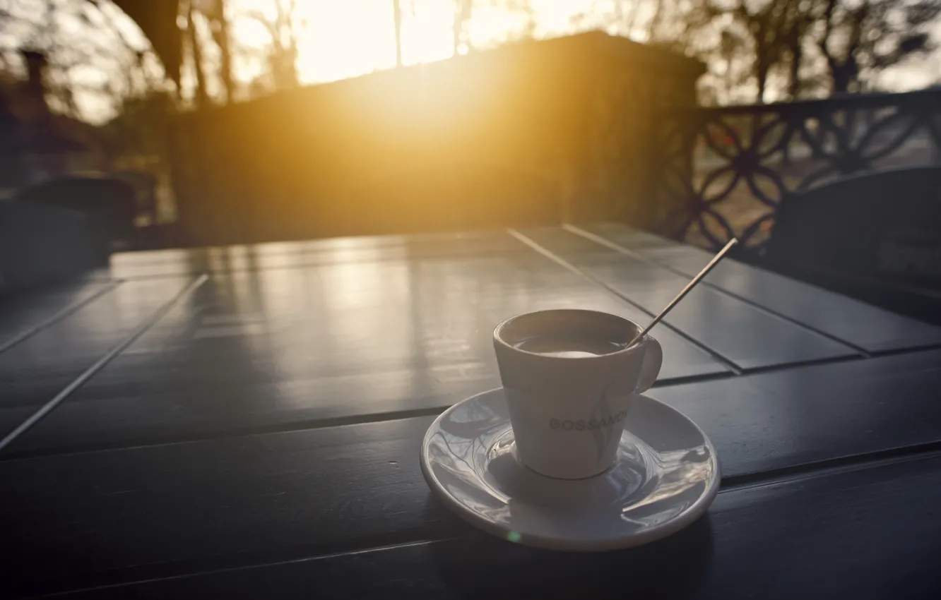 Photo wallpaper Cup, table, terrace, coffee, the city, saucer, the evening, spoon