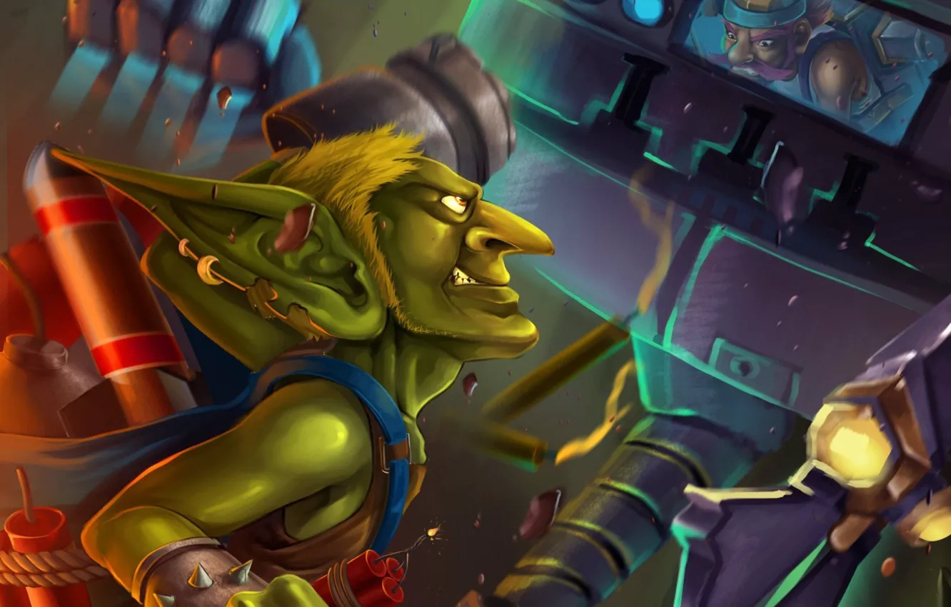 Photo wallpaper mechanism, art, dwarf, Goblin, dynamite, Hearthstone, Gnomes, ChubyMi