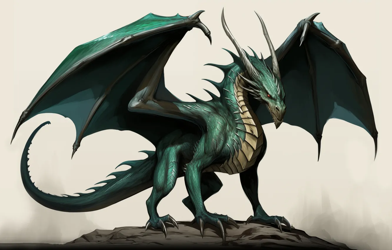 Photo wallpaper look, face, pose, green, rocks, dragon, wings, power