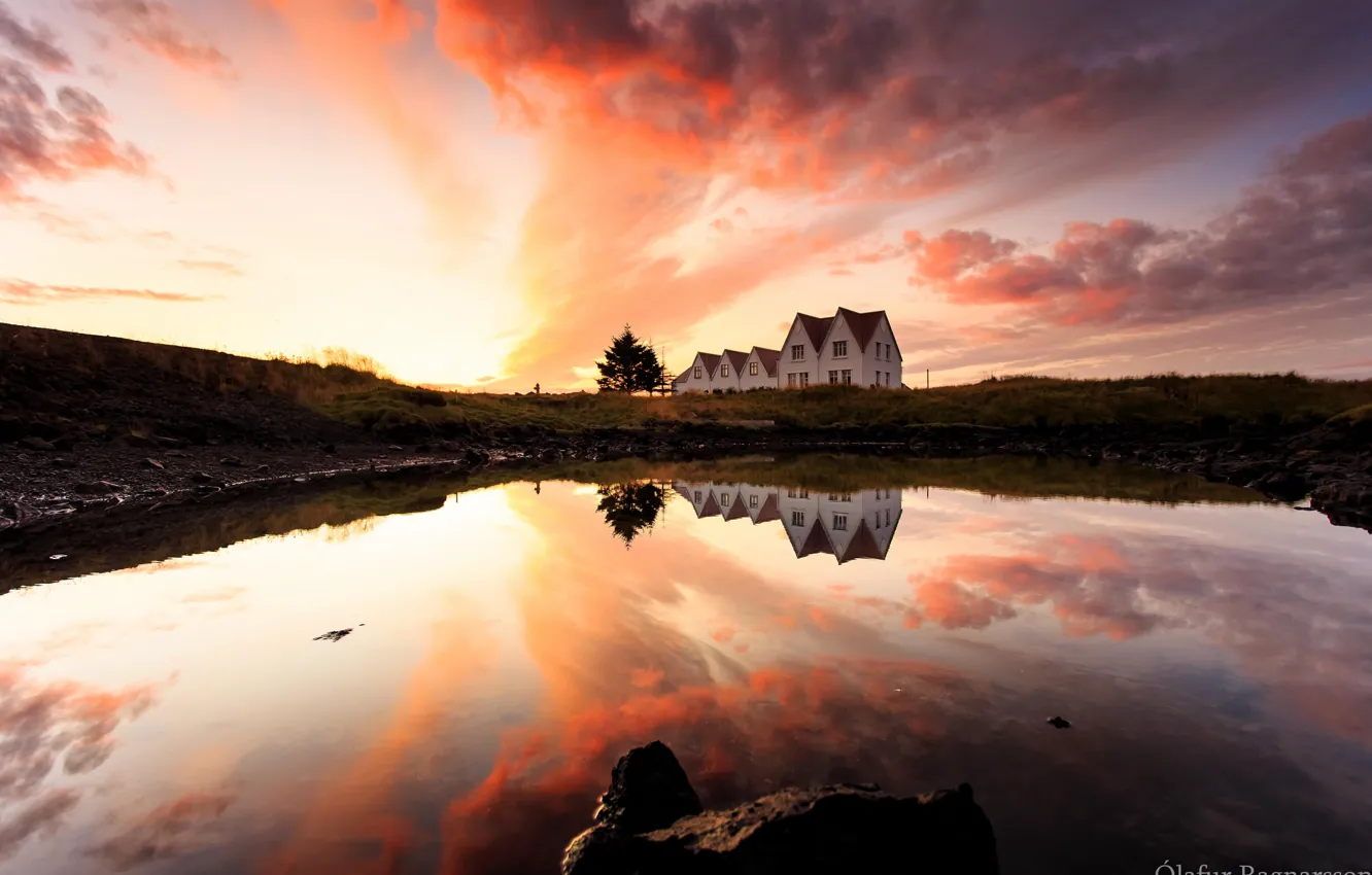 Photo wallpaper water, clouds, sunset, reflection, home, the evening, Iceland