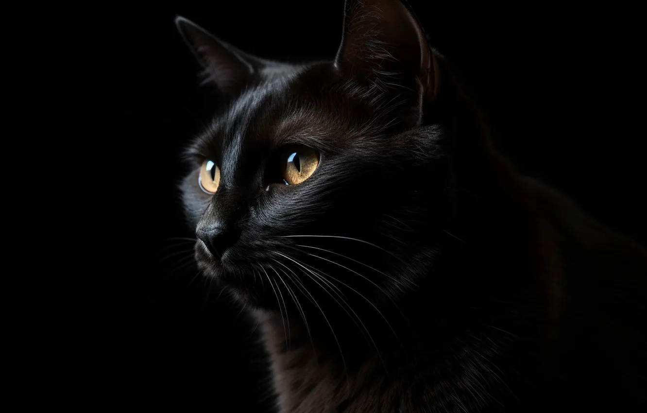 Photo wallpaper Look, Cat, Black, Cat, Black background, Eyes, Face, Digital art