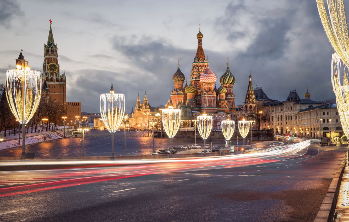 Photo wallpaper road, lights, Moscow, Cathedral, temple, St. Basil's Cathedral, Red square, Spasskaya tower